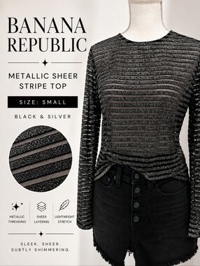 NWT Banana Republic Metallic Sheer Sparkle Stripe Top Black Silver Size S